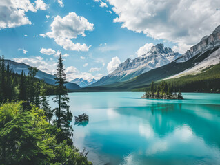 Serene turquoise lake surrounded by mountains and lush greenery under a vibrant sky in the Canadian wilderness - Powered by Adobe