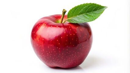 Fresh red apple with a vibrant green leaf, set against a white background, embodies healthy eating, nutrition, and