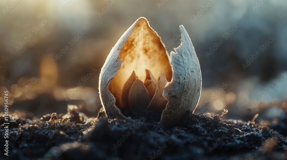 Sticker A glowing seedling emerging from a cracked egg shell on soil, symbolizing new beginnings.