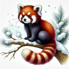 Obraz premium Cute red panda sitting on a snowy branch, surrounded by gentle snowflakes.