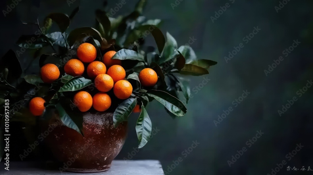 Poster A rustic pot filled with vibrant oranges and lush green leaves against a dark background.