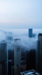 Obraz premium A thick blanket of fog envelops the city, obscuring skyscrapers, streets, and urban environment