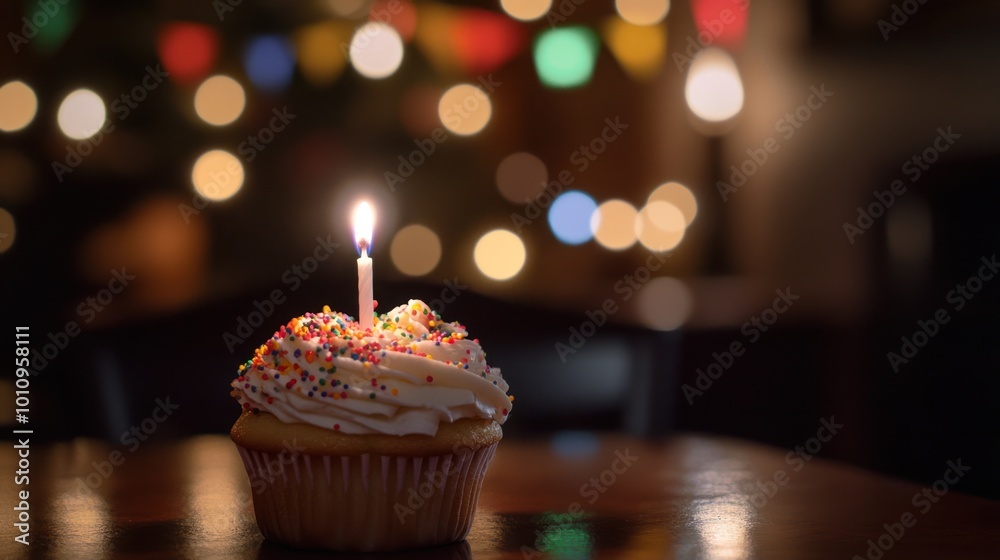 Sticker A lit cupcake with colorful sprinkles, set against a softly blurred festive background.