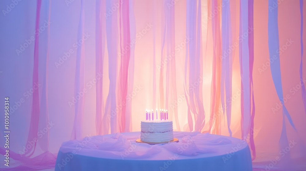 Poster A decorated cake with candles sits on a table, surrounded by soft pastel drapes.