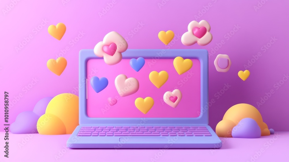 Poster A playful 3D laptop surrounded by colorful hearts and clouds, evoking a cheerful vibe.