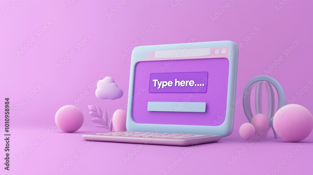 Poster A playful 3D illustration of a computer with a text input field on a pastel background.