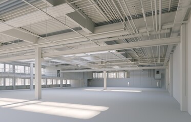 Interior of a warehouse. 3D rendering. White view. Clay render.