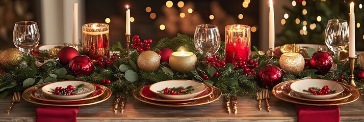 Naklejka premium Elegant Christmas Table Setting with Red and Gold Decor