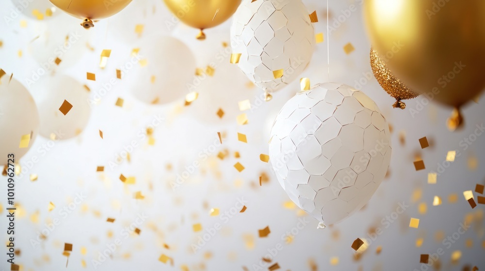 Sticker A festive scene with gold and white balloons and confetti, perfect for celebrations.