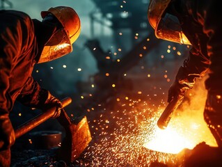 Fototapeta premium Workers wearing protective gear pouring molten steel into molds in a heavy industry foundry, steel production process