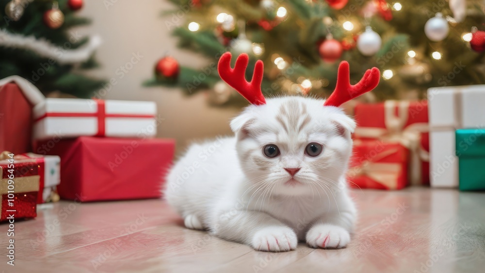 Wall mural A white Scottish kitten wearing red antlers welcomes Christmas.