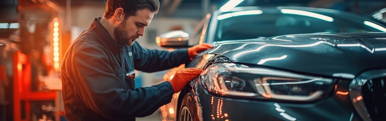 Skilled Auto Body Technician Repairing Dents on a Car Fender in a Workshop