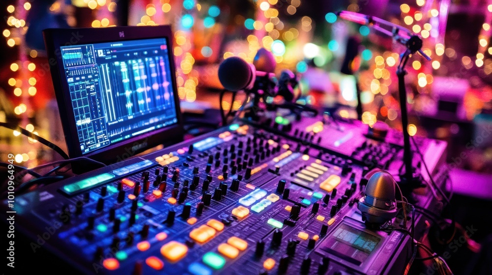 Sticker A vibrant audio mixing setup with colorful lights and equipment for sound production.