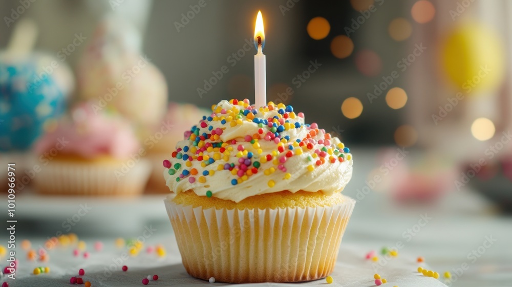 Canvas Prints A colorful cupcake with a lit candle, perfect for celebrations and birthdays.