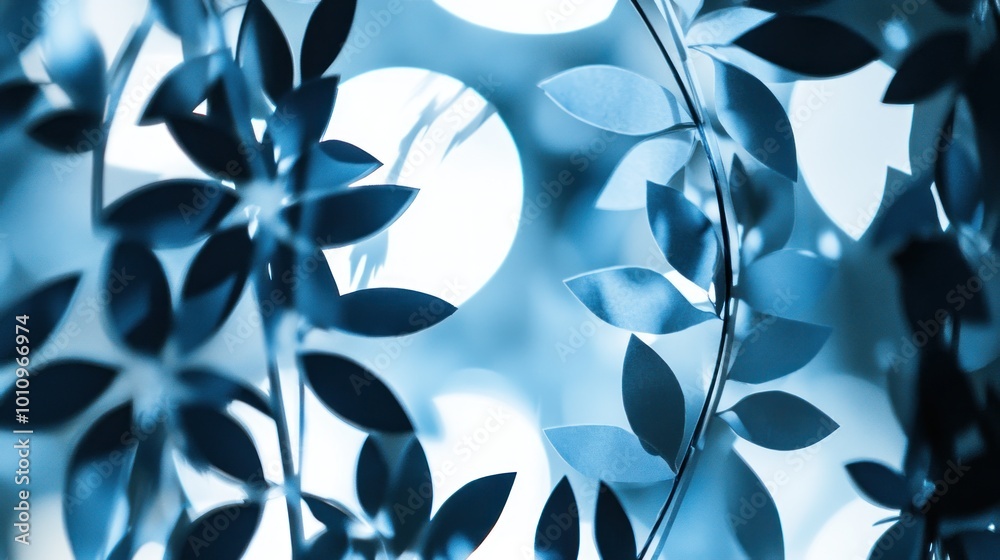 Poster Abstract blue foliage with circular light bokeh in the background.