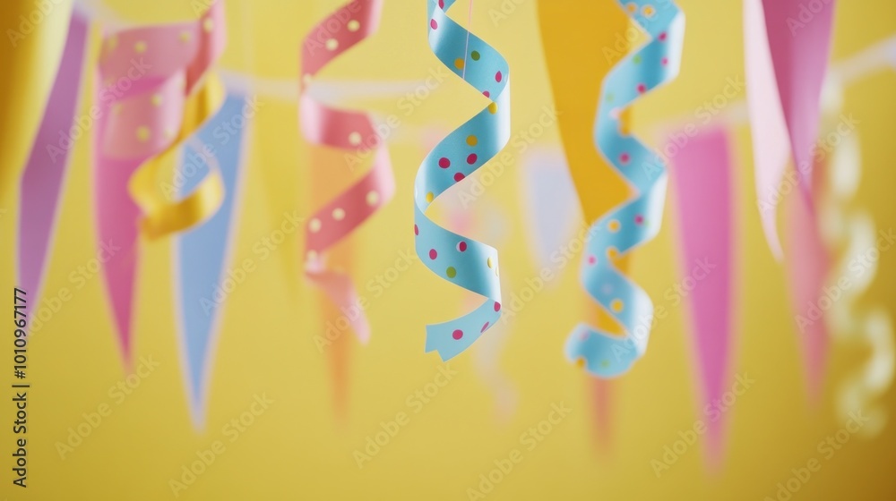 Poster Colorful party decorations with ribbons and banners against a bright yellow background.