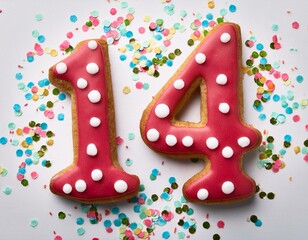 Decorated cookie, number 14, image for birthday or anniversary celebration