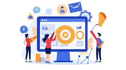 A group of people are working on a computer monitor with a goal to reach a targe