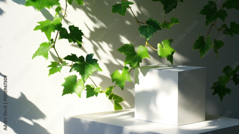 Canvas Prints A minimalistic scene featuring a white cube and green leaves casting shadows on a wall.