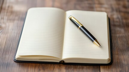 Open Notebook with Pen on Wooden Table - Perfect for Writing, Journaling, or Note-Taking in a Cozy and Inspiring Environment