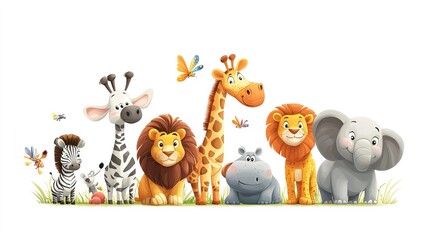 Set of cute African animals in cartoon style, including lions, elephants, and giraffes, isolated on...