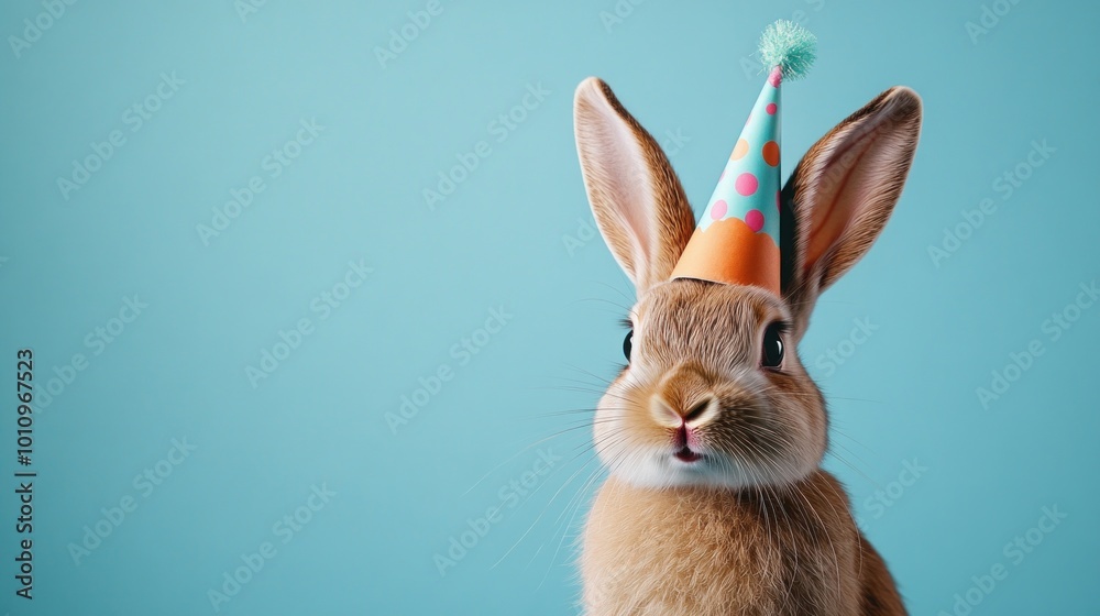 Sticker A cute rabbit wearing a party hat against a blue background, celebrating a festive occasion.