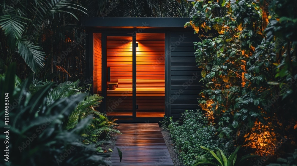 Canvas Prints A serene sauna entrance surrounded by lush greenery at night.