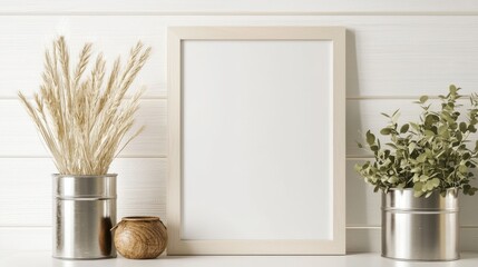 Fototapeta premium Blank frame with dried plants in modern decor, white background.