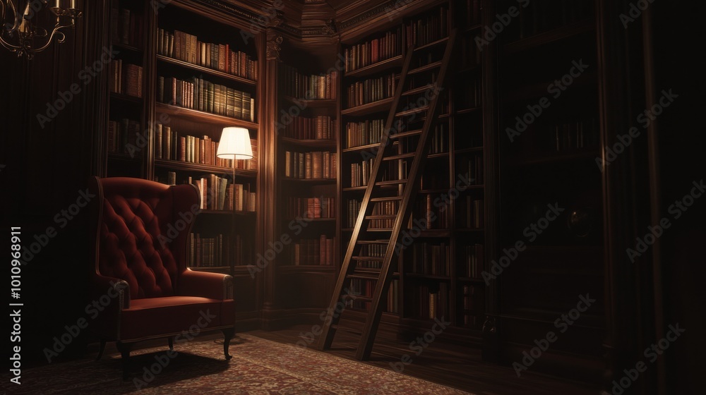 Sticker Cozy library scene with a red armchair, ladder, and warm lighting.