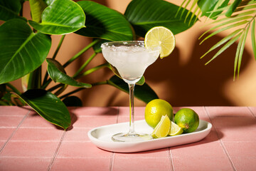 Margarita, traditional alcoholic cocktail with lime, silver tequila, ice cubes and sea salt. Pink...