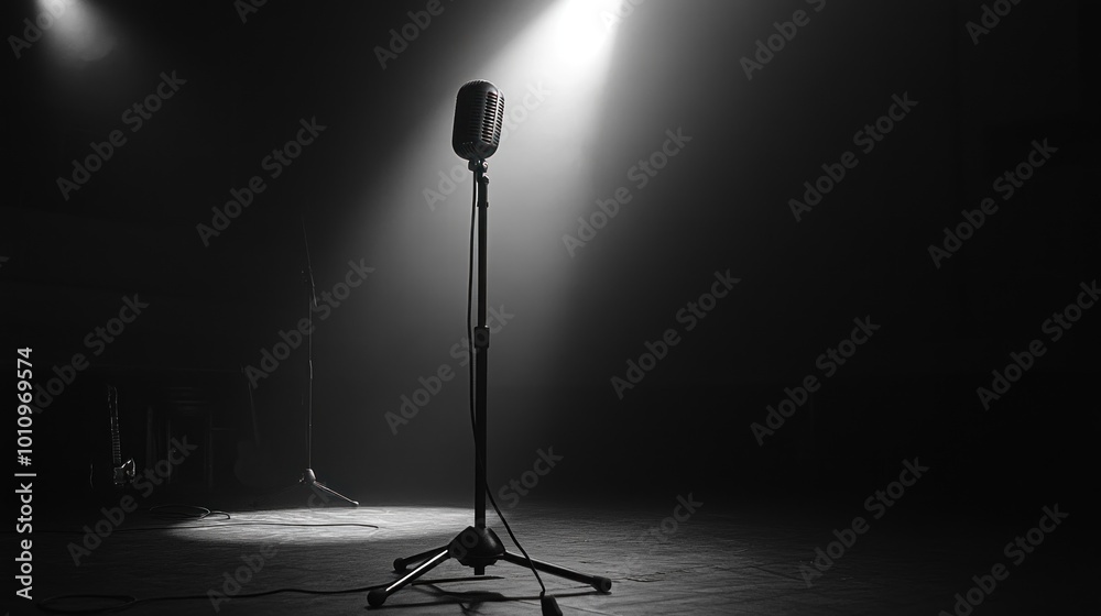 Canvas Prints A vintage microphone stands alone under dramatic lighting on a dark stage.