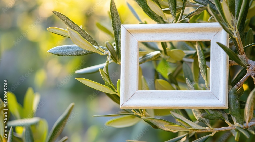 Poster A decorative white frame hanging among green olive leaves, blending nature with art.