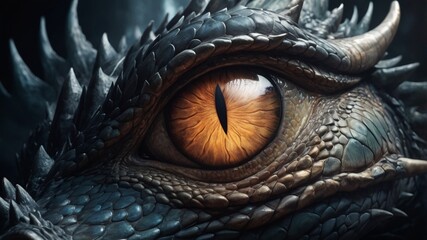 Fototapeta premium Dragon Head Close-up: A Mystical Green Eye Gazes Outward