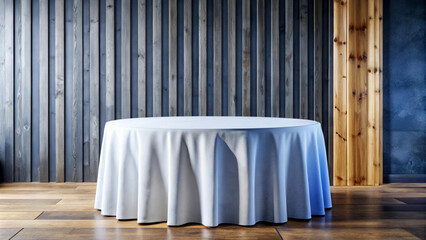 A round table draped with a white tablecloth stands in front of a wall with vertical wood paneling. The room has a wooden floor, and the lighting creates soft shadows on the tablecloth.AI generated.