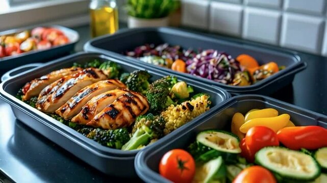 Meal prep containers filled with grilled chicken, vegetables, and salad.