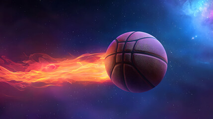 Fototapeta premium Basketball soaring through a cosmic landscape with fiery trails