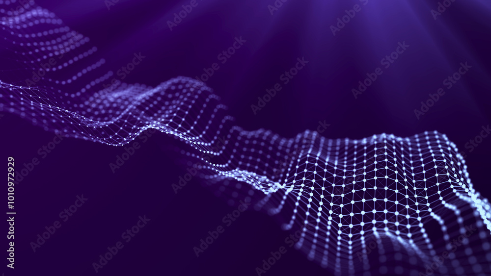 Poster Big data visualization. The musical stream of sounds. Abstract background with interweaving of dots . 3D rendering.