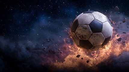 Naklejka premium Explosive soccer ball soaring through a cosmic background