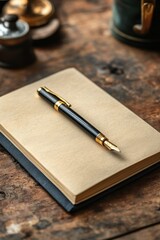 Elegant Fountain Pen Resting on Open Notebook on Rustic Wooden Table for Writing and Creativity Inspiration