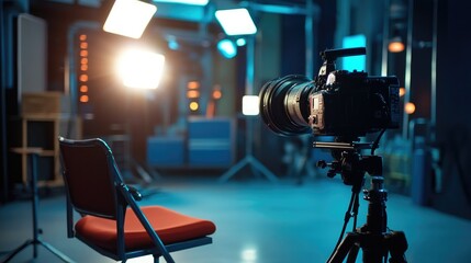 Broadcasting studio with an empty chair under a spotlight, featuring advanced production equipment and modern media technology.