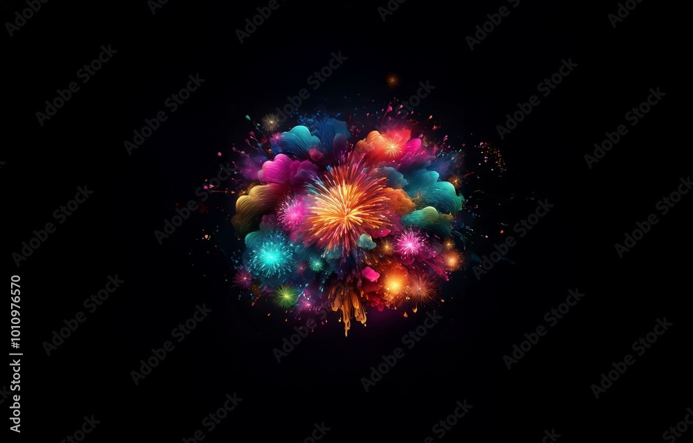 Aufkleber abstract colorful fireworks explode in a dark background.