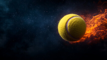 Fiery tennis ball in motion against a cosmic backdrop