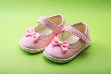 Obraz premium Adorable pink toddler shoes set against a light green backdrop, ideal for children's fashion and imaginative styling