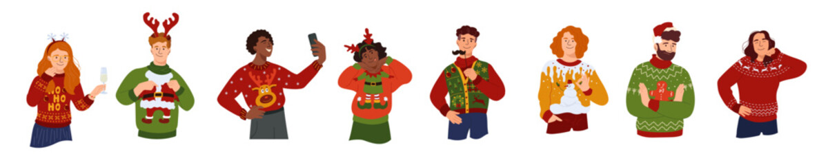 Happy people in different festive ugly sweater and headband with deer antlers Joyful men and women in garish Christmas sweater exudes holiday cheer Vector character in winter clothes traditional print