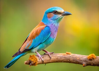 Obraz premium A European Roller (Coracias garrulus) perches gracefully on a branch, showcased in mesmerizing slow motion,