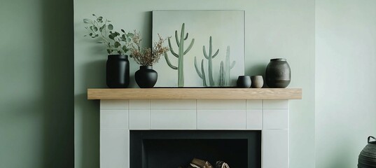 Minimalist Home Decor with Green Cactus Artwork Above Fireplace