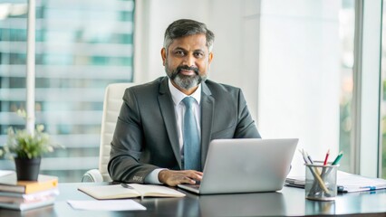 Obraz premium Cropped portrait of an India boss or business man working on his laptop while sitting in luxury private office, lot of file, check report project paper