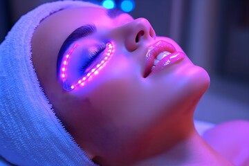 A woman receives a rejuvenating LED light therapy treatment around her eyes, her eyes closed in peaceful relaxation as the purple light illuminates her face.