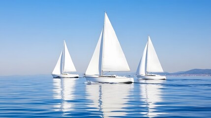 Fototapeta premium Three elegant sailboats glide over calm waters under a clear blue sky, reflecting their sails on the serene surface.