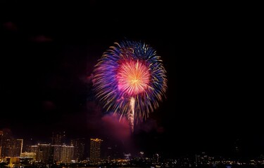 A colorful firework display erupts over a cityscape at night.